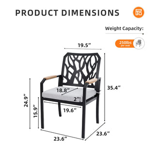 Outdoor Patio K/D Aluminum Stationary Dining Chairs 2PCS with Outdoor-grade Sunbrella Fabric Cushions, Branch-Like Backrest ,FSC-Certified Wood Armrest