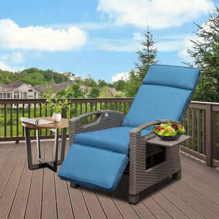Outdoor Wicker Reclining Chair with Push-Back Backrest, Flip-Up Side Table & Thick Cushions for Patio & Backyard