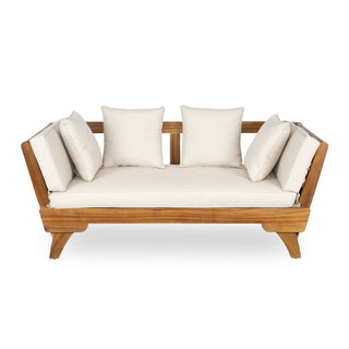 Outdoor Patio Daybed Sofa, 3-Seat Sofa with Foldable Arm 4 Back Pillows, Teak Acacia Wood Frame Beige Removable Cushion