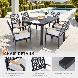 Outdoor Patio K/D Aluminum Stationary Dining Chairs 2PCS with Outdoor-grade Sunbrella Fabric Cushions, Branch-Like Backrest ,FSC-Certified Wood Armrest