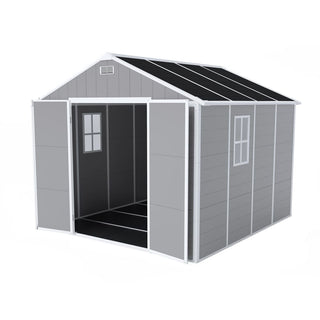 8X8 FT resin storage shed, high quality pp material, strong structure, waterproof, rust and UV proof, large storage space, 12mm thick pp board, HD window lighting
