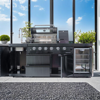 46-Inch Deluxe Outdoor Kitchen BBQ Island Grill, 4-Burner 72,000 BTU Stainless Steel with Wine Cooler, Refrigerator, Rotisserie Kit, Granite Countertop & Sink