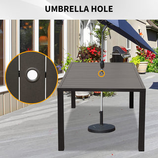 Square Outdoor Dining Table for 4 | Slatted Metal Patio Table with Umbrella Hole for Garden, Deck, Lawn & Backyard (Brown)