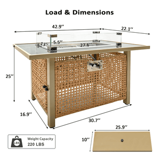 43" Propane Gas Fire Pit Table, 60000 BTU Rectangular Open Weave Wicker Fire Pit with Glass Wind Guard for Outside Patio Deck Garden Backyard