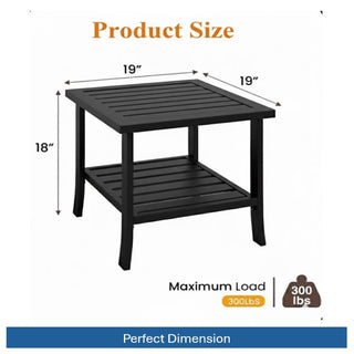 19" Square Black/Brown Metal Outdoor Side Table, 2-Tier All-Weather Patio End Table