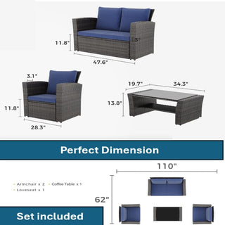 4-Piece Wicker Patio Conversation Set With Glass Table and Blue/Black/Gray Cushions