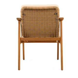Outdoor Dining Chairs Set of 2, Teak Color Acacia Wood Frame, Brown PE Wicker, Grey Waterproof Cushion