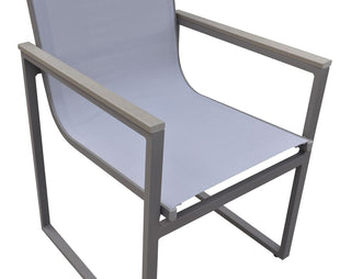 Outdoor Patio Dining Chair in Gray Powder Coated Finish with Gray Sling Textilene and Gray Wood Accent Arms - Set of 2