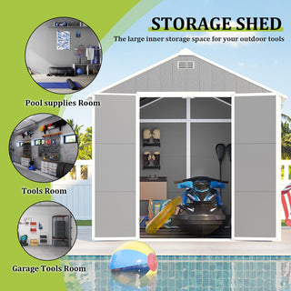 8X8 FT resin storage shed, high quality pp material, strong structure, waterproof, rust and UV proof, large storage space, 12mm thick pp board, HD window lighting