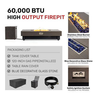 60-INCH FIRE PIT TABLE,Wood Outdoor Gas Fire Pit Table with Rain cover,Rectangular Heater for Patio, Backyard, Deck, Outdoor Modern Patio Fire Pit
