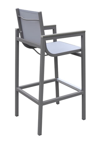 Outdoor Patio Barstool in Gray Powder Coated Finish with Gray Sling Textilene and Gray Wood Accent Arms