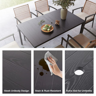 7-Piece Outdoor Patio Dining Set with 6 Wicker Chairs, 2 Swivel Rockers, Cushions & Slatted Table with Umbrella Hole for Backyard