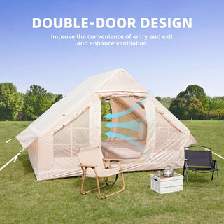Inflatable Camping Tent with Hand Pump, 4-Season Waterproof & Windproof Air Glamping Cabin Tent with Mesh Windows and Chimney Vent