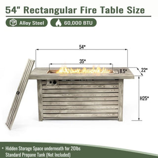 54" Propane Gas Fire Pit Table, 50000 BTU Rectangular Steel Fire Pit with Imitation Wood Grain Finish for Outside Patio Deck Garden Courtyard-Light Beige