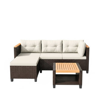 3-Piece L-Shaped Wicker Patio Set with Beige/Gray Cushions and Acacia Wood Storage Table