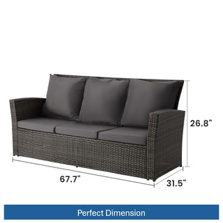 67.7" All-Weather Wicker 3-Seat Patio Sofa with Thick Blue/Biege/Gray/Black Cushions & Black Frame