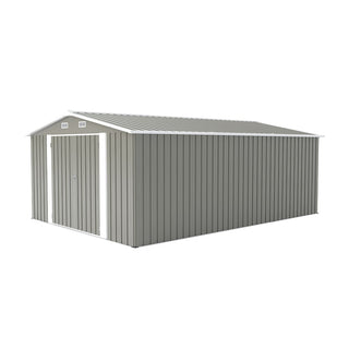 10x14 Ft Outdoor Metal Storage Shed with 3 Lockable Doors, 4 Air Vents & Sloped Roof, Heavy-Duty Utility Garden Tool Shed with Reinforced Frame