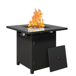 30”Width Outdoor 2-in1 Black Rattan Look Fireplace Table, 50000 BTU CSA Certified Propane Square Gas Fire Pit Table with Stainless Burner, Lid, Lava Rocks and Waterproof Cover