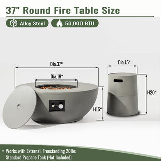 36" Propane Gas Fire Pit Table 2-Pieces, 50000 BTU Round Steel Fire Pit with Tank Holder for Outside Patio Deck Garden Backyard- Grey