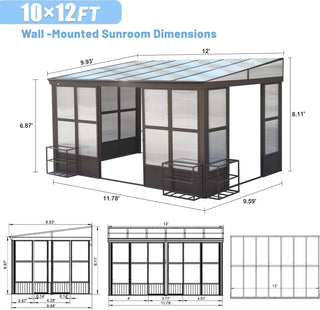 Aluminum Lean to Gazebo Sun Room with 2 Lockable Sliding Doors for Garden Patio Deck