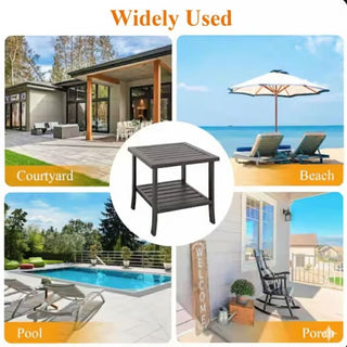 19" Square Black/Brown Metal Outdoor Side Table, 2-Tier All-Weather Patio End Table