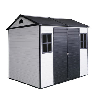 8 x 6 ft Resin Outdoor Storage Shed Waterproof Shed with Floor & Two Windows & Lockable Door, Tool Shed for Garden, Patio, Backyard,Grey/Black/White+Gray/Brown