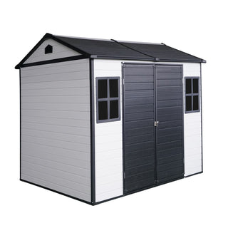 8 x 6 ft Resin Outdoor Storage Shed Waterproof Shed with Floor & Two Windows & Lockable Door, Tool Shed for Garden, Patio, Backyard,Grey/Black/White+Gray/Brown