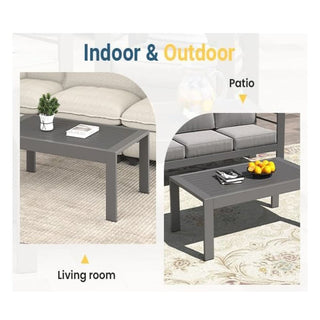 43" x 24" All-Weather Metal Outdoor Coffee Table with Wood-Look Top and Khaki/Black Frame