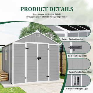 8X8 FT resin storage shed, high quality pp material, strong structure, waterproof, rust and UV proof, large storage space, 12mm thick pp board, HD window lighting