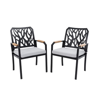 Outdoor Patio K/D Aluminum Stationary Dining Chairs 2PCS with Outdoor-grade Sunbrella Fabric Cushions, Branch-Like Backrest ,FSC-Certified Wood Armrest