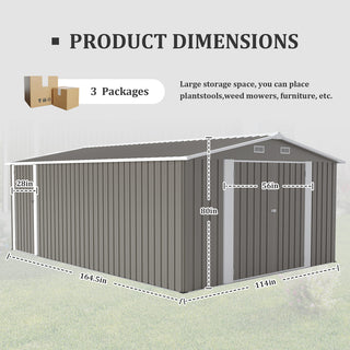 Outdoor Storage Shed 10×14 FT with 3 Lockable Doors,4 Air Vents & Sloped Roof,Utility Tool Shed Metal Storage Garden Sheds Frame and 4 Vents,for Backyard,Patio,Lawn,Light Gre