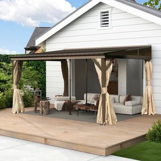 10x14 FT Wall-Mounted Lean-to Hardtop Gazebo with Gutters – Outdoor Metal Roof Patio Canopy, Durable Lean-to Pergola for Backyard & Deck