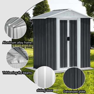 5×3 FT Grey Outdoor Garden Shed with Sliding Door & Apex Roof – Compact Metal Storage Shed for Backyard & Patio