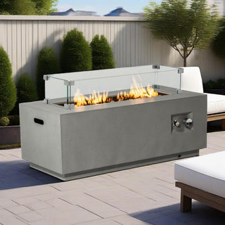 42" Propane Gas Fire Pit Table 2-Pieces, 50000 BTU Rectangular Steel Fire Pit with Glass Wind Guard for Outside Patio Deck Garden Courtyard -Light Gray
