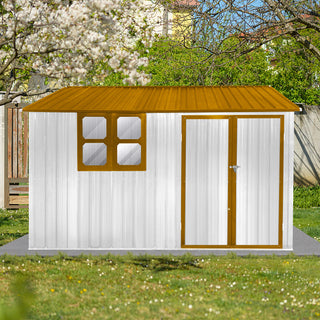 Mondawe 10ft x 8ft Metal Garden Storage Shed with Window, White+Yellow/White+Coffee Outdoor Tool Shed for Backyard