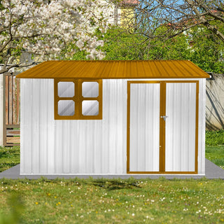 Mondawe 10ft x 8ft Metal Garden Storage Shed with Window, White+Yellow/White+Coffee Outdoor Tool Shed for Backyard