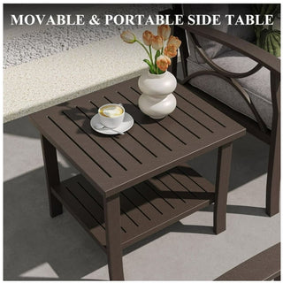 19" Square Black/Brown Metal Outdoor Side Table, 2-Tier All-Weather Patio End Table