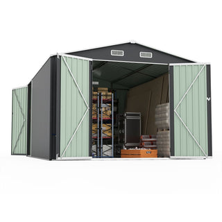 Outdoor Storage Shed 9×11 FT with 3 Lockable Doors,Utility Tool Shed Metal Storage Garden Sheds 4 Vents,Metal Sheds with Galvanized Steel Frame,for Backyard,Patio,Lawn,Grey