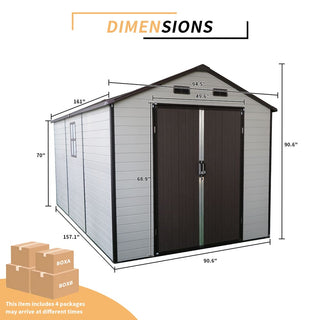 Outdoor Resin Storage Shed with Windows, Strong Aluminum Frame & Floor for Garden, Backyard Organization (White+Brown)