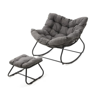 Dark Gray/Light Gray/Green Egg Rocking Chair with Ottoman, All-Weather Wicker Lounge & Cushions
