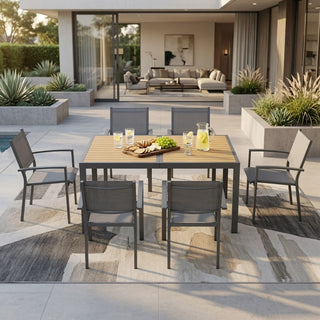 59-Inch Outdoor Patio Dining Table, Gray Aluminum Frame with HDPE Slatted Top