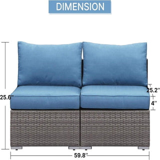 59.8"Width Outdoor Wicker Armless Sofa Set, 2-Piece Patio Loveseat Set with Blue Cushions