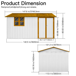 Mondawe 12ft x 10ft Metal Garden Storage Shed with Window, White & Yellow Outdoor Tool Shed for Backyard