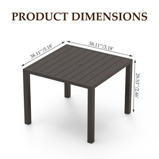 Square Outdoor Dining Table for 4 | Slatted Metal Patio Table with Umbrella Hole for Garden, Deck, Lawn & Backyard (Brown)