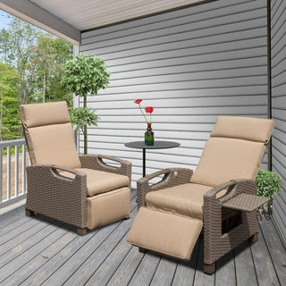 Outdoor Wicker Reclining Chair with Push-Back Backrest, Flip-Up Side Table & Thick Cushions for Patio & Backyard