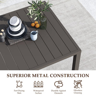 Square Outdoor Dining Table for 4 | Slatted Metal Patio Table with Umbrella Hole for Garden, Deck, Lawn & Backyard (Brown)