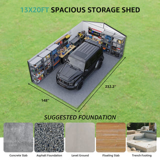 Upgraded 13x20FT Outdoor Storage Shed, Large Metal Garage Shed with Two Windows and Two Translucent Panels for Car, Truck, Bike, Lawnmower, Backyard Tool