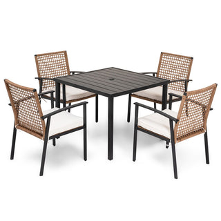 5-Piece Wicker Patio Dining Set with Cushioned Chairs & Square Table with Umbrella Hole for Backyard, Garden & Poolside
