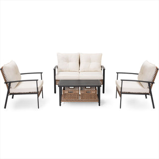 4-Piece Oversized Wicker Patio Conversation Set with Cushions & 2-Tier Storage Coffee Table for Outdoor Living
