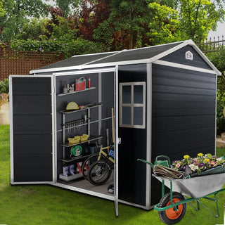 8x4 FT Outdoor Resin Storage Shed with Floor, 2 Windows & Lockable Door for Garden Tools, Bikes & Trash Cans